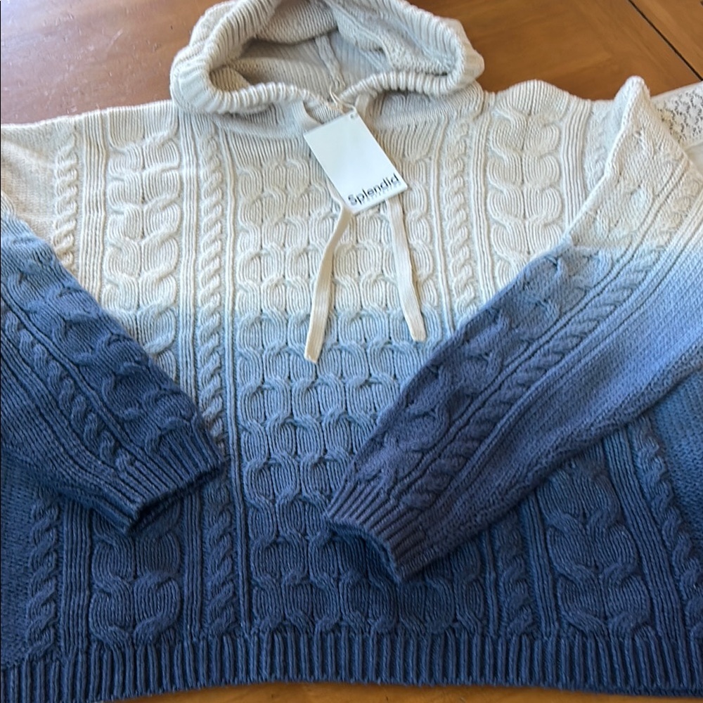 Splendid Ombre Cable Knit Hoodie - Cream to Blue